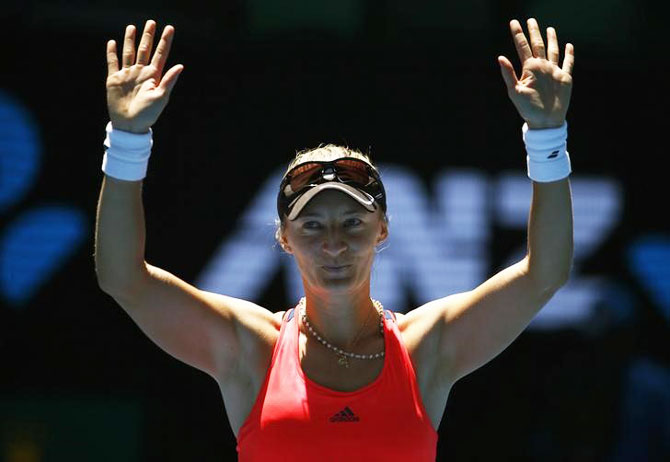 Croatia's Mirjana Lucic-Baroni celebrates winning her quarter-final match against Czech Republic's Karolina Pliskova 