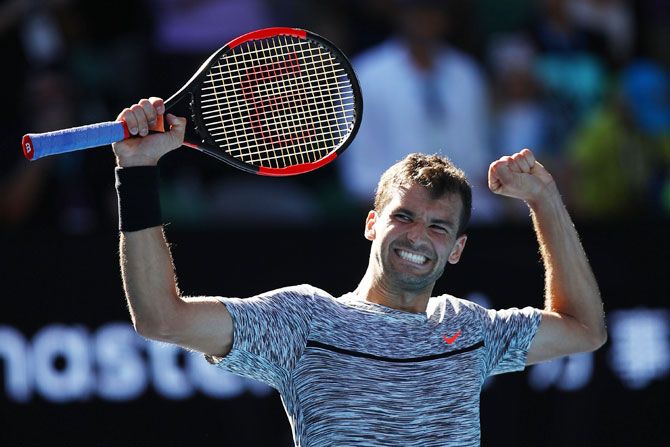 Bulgaria's Grigor Dimitrov celebrates winning his quarter-final match against Belgium's David Goffin on Day 10 of the 2017 Australian Open at Melbourne Park on Wednesday