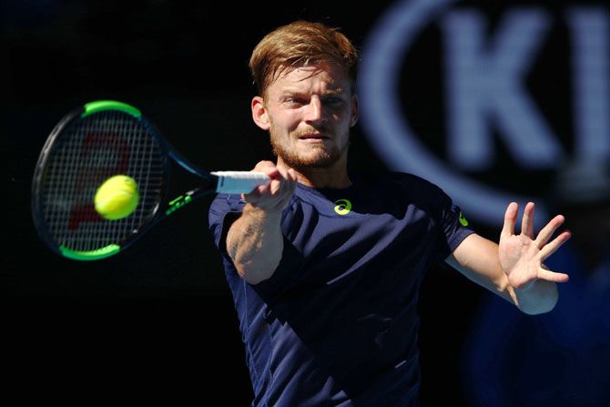 David Goffin plays a forehand in his quarter-final against Grigor Dimitrov