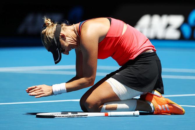 Mirjana Lucic-Baroni of Croatia celebrates winning her quarter-final match against Karolina Pliskova of the Czech Republic on day 10 of the 2017 Australian Open at Melbourne Park on Wednesday