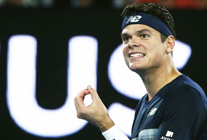 Milos Raonic shows his frustration during his quarter-final against Rafael Nadal