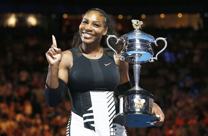 Serena Williams with her historic Australian Open title on Saturday