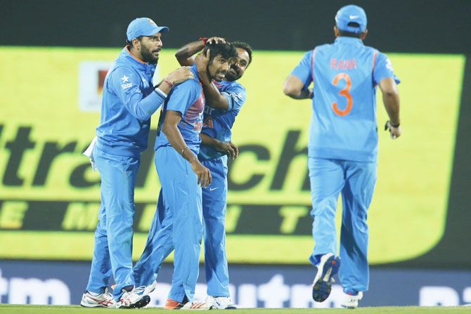 Jasprit Bumrah celebrates the wicket of England's Jos Buttler during the 2nd T20I at the Vidarbha Cricket Association Stadium in Nagour on Sunday. Photograph: BCCI