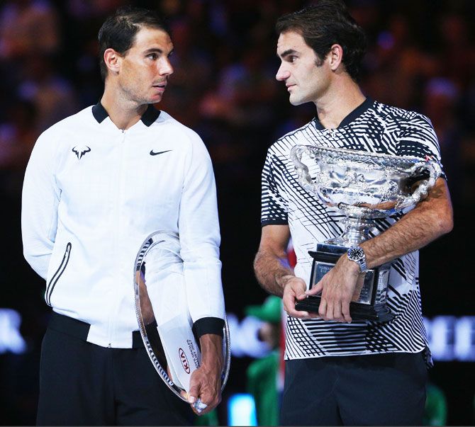 Roger Federer and Rafael Nadal after the Australian Open final,  January 29, 2017. Photograph: Michael Dodge/Getty Images