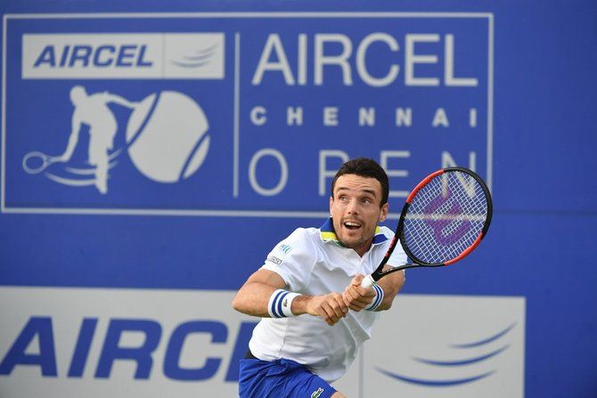 Spain's Roberto Bautista Agut plays a return against Danill Medvedev in the Chennai Open final on Sunday