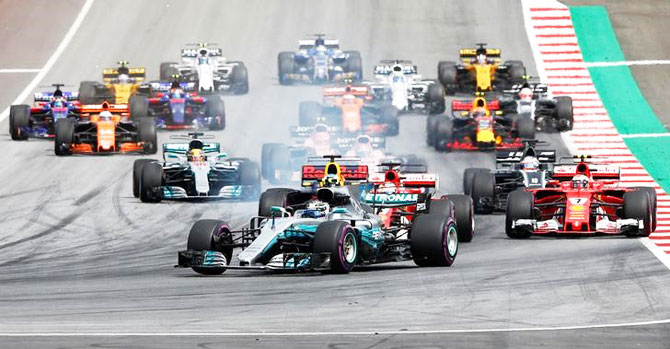 Mercedes' Valtteri Bottas leads at the start of the race at the Red Bull Ring in Spielberg, Austria, on Sunday
