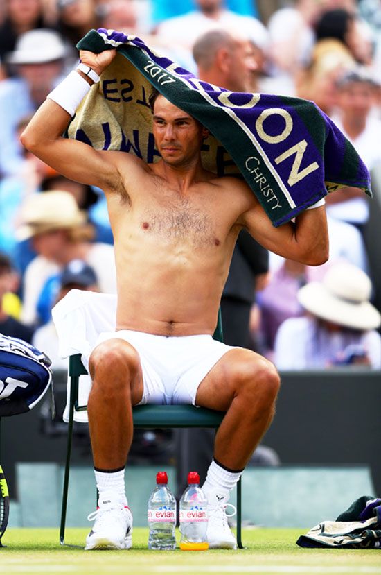 Rafael Nadal during the changeover during the Wimbledon fourth round match against Gilles Muller on Monday