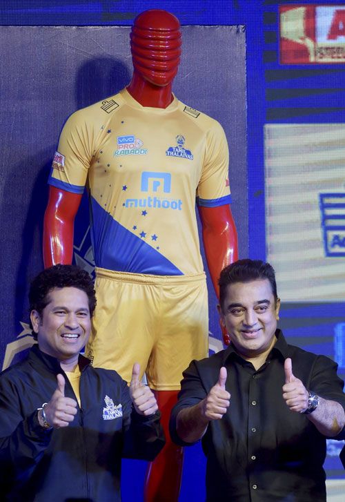 Cricketer and co-owner of Tamil Thalaivas Sachin Tendulkar and Ambassador of the team actor Kamal Haasan during the unveiling of the jersey for the Pro Kabaddi League 2017 in Chennai on Thursday