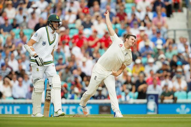 England's Toby Roland-Jones completed a five-wicket haul on Day 3 of the third Test against South Africa at the Oval in London on Saturday