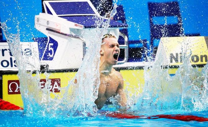Caeleb Remel Dressel of the US reacts after finishing first in the Men's 100m Freestyle Final at the 17th FINA World Aquatics Championships in Budapest, Hungary, on Saturday