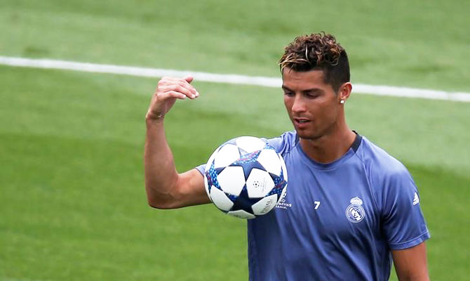 Real Madrid's Cristiano Ronaldo during the training session at the Valdebebas Soccer Grounds in Madrid on Tuesday