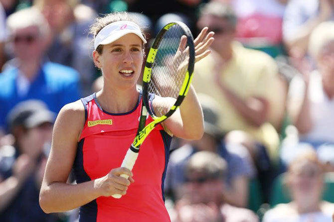 Great Britain's Johanna Konta celebrates winning her second round match against Belgium's Yanina Wickmayer at the Aegon Open at Nottingham Tennis Centre on Thursday