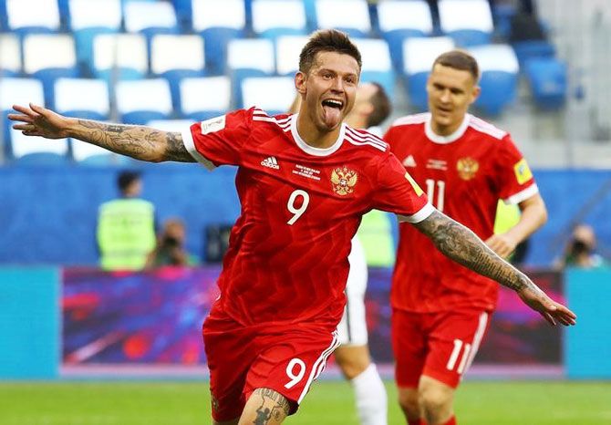 Russia’s Fedor Smolov celebrates scoring their second goal against New Zealand during their FIFA Confederations Cup Group A match at Saint Petersburg Stadium, St.Petersburg, Russia, on Saturday
