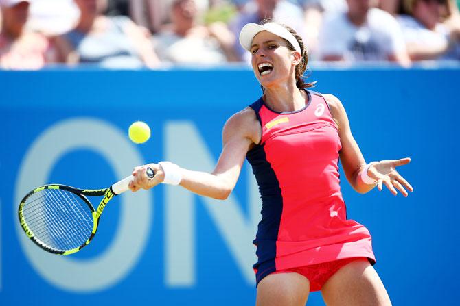 Great Britain's Johanna Konta plays a forehand during her semi-final match against Slovakia's Magdalena Rybarikova during the Aegon Open Nottingham semi-final at the Nottingham Tennis Centre in Nottingham, England, on Saturday