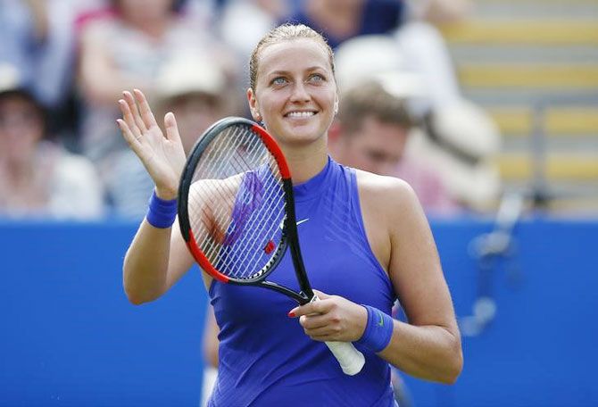 Czech Republic's Petra Kvitova celebrates victory against Great Britain's Naomi Broady in the second round of the Aegon Classic at Edgbaston Priory Club in Birmingham on Wednesday
