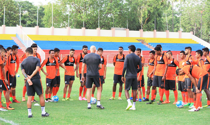 India football coach Stephen Constantine with the Under-22 team during a training session in New Delhi on Thursday