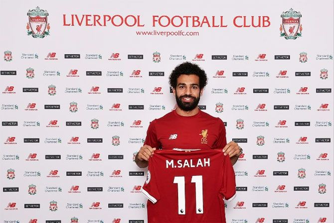 Liverpool FC's new signing Mohamed Salah at an unveiling ceremony on Thursday