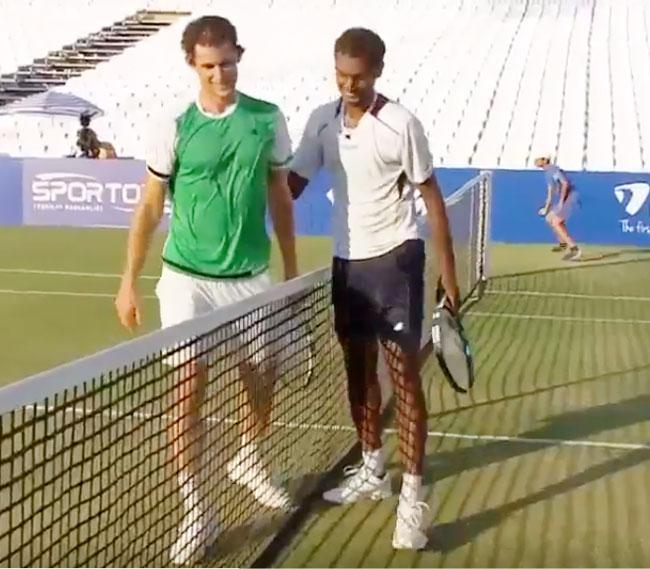 Dominic Thiem and Ramkumar Ramanathan greet at the net after the latter's upset win at the Antalya Open in Turkey on Tuesday