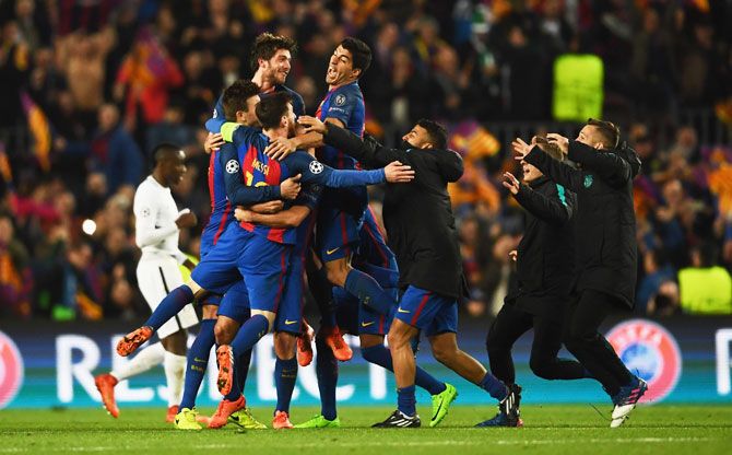 FC Barcelona players celebrate victory after the UEFA Champions League Round of 16 second leg match against Paris Saint-Germain at Camp Nou in Barcelona, Spain. on Wednesday