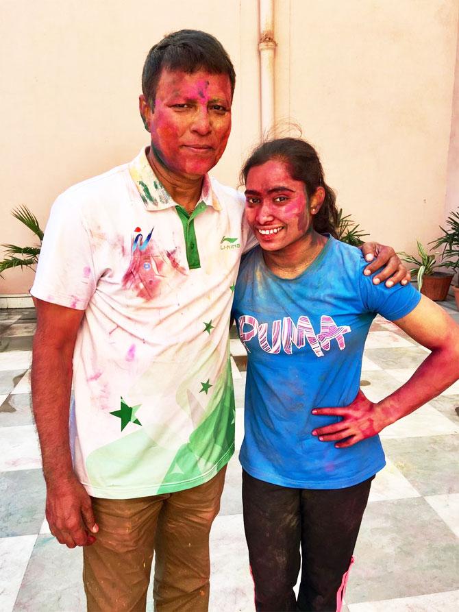 Dipa Karmakar and coach Bisweshwar Nandi 