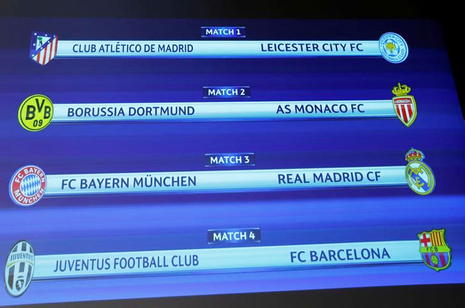 A screen shows the order of the draw of the UEFA Champions League quarter-finals, in Nyon, Switzerland on Friday