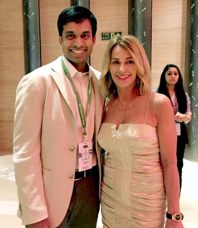 Romanian American gymnast Nadia Comaneci with Indian badminton player Pullela Gopichand