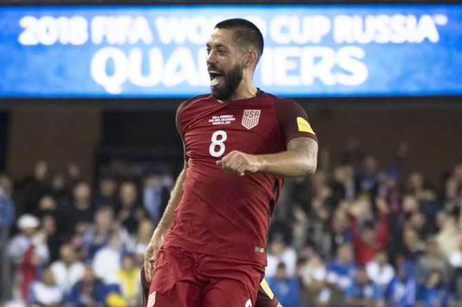United States' forward Clint Dempsey celebrates after scoring a hat-trick against Honduras during the 2018 World Cup soccer qualifier at Avaya Stadium in San Jose, California on Friday