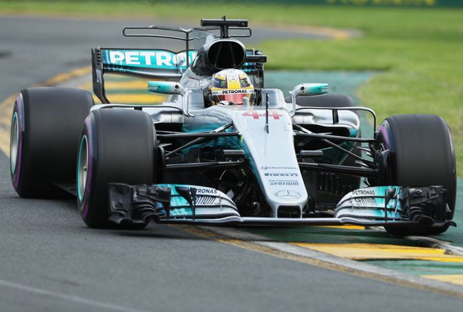 Lewis Hamilton in action during the Australian Formula One GP at Albert Park in Melbourne on Saturday