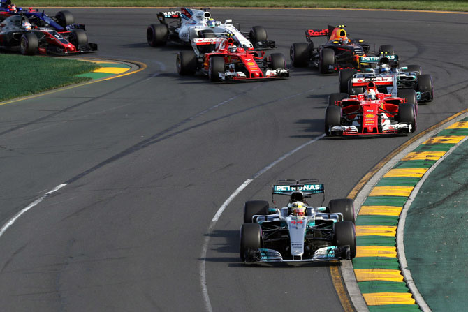 Lewis Hamilton leads at the start of the Australian Grand Prix on Sunday