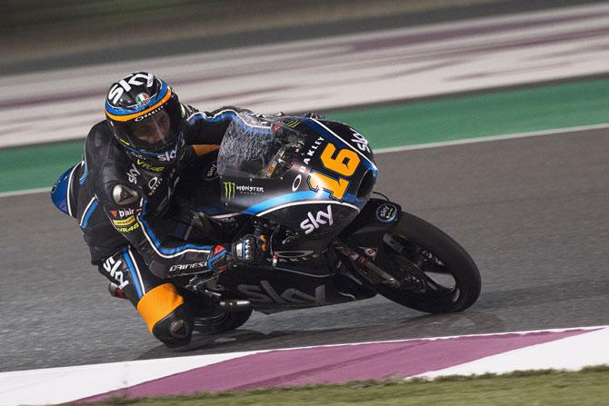 Sky Racing Team VR46’s Italian rider Andrea Migno rounds the bend and returns in box during the MotoGp of Qatar, Free Practice at Losail Circuit in Doha, Qatar, on March 23