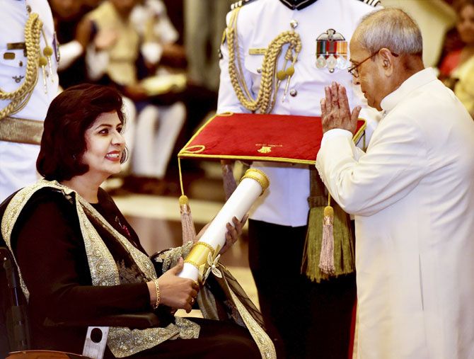 President Pranab Mukherjee confers the Padma Shri on Rio Paralympics silver-medalist Deepa Malik