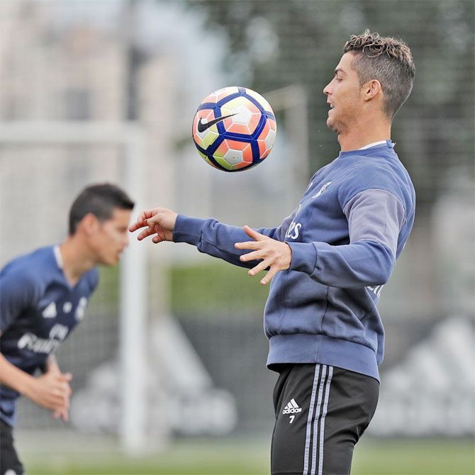 Cristiano Ronaldo at a Real Madrid training session on Thursday