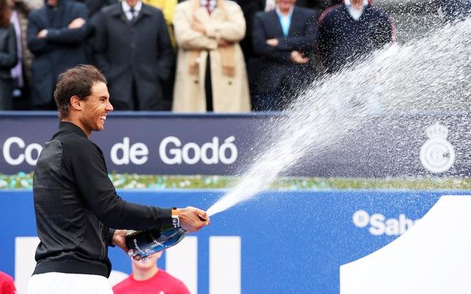 Rafael Nadal celebrates his Barcelona Open title win on Sunday by spraying cava