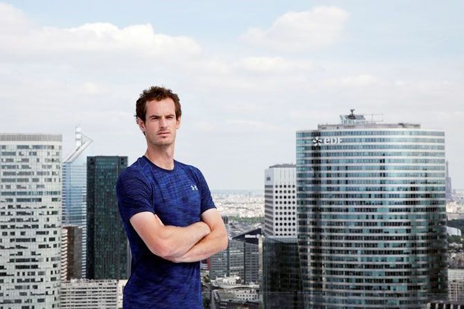 Andy Murray poses for a photo at a promotional event for the upcoming French Open tennis tournament at the financial and business district of La Defense, west of Paris, France, on Wednesday
