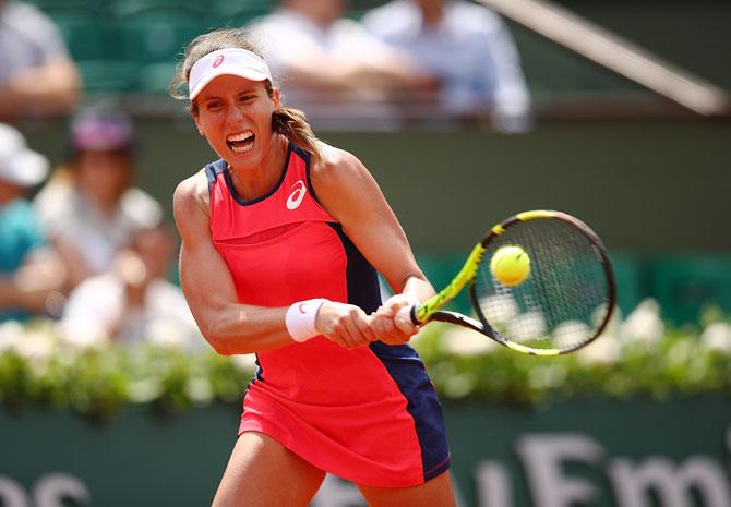 Great Britain's Johanna Konta hits a backhand during the first round match against Taipei's Su-Wei Hsieh