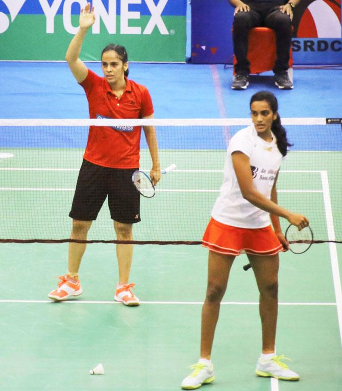 Saina Nehwal celebrates after beating PV Sindhu during the 82nd Senior National Badminton Championship 2017 Womens single final in Nagpur, Maharashtra on Wednesday