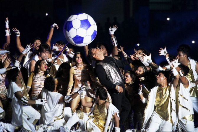 Bollywood superstar Salman Khan performs during the Indian Super League, Season 4, opening ceremony in Kochi on Friday