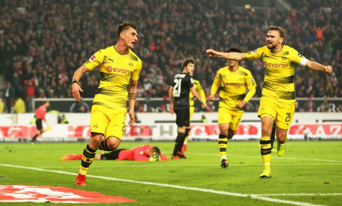 Borussia Dortmund’s Maximilian Philipp celebrates scoring their first goal against VfB Stuttgart at the Mercedes-Benz Arena, Stuttgart on Friday 