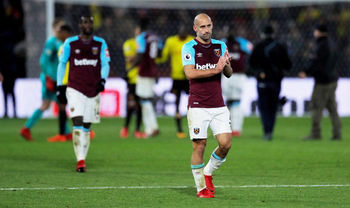 West Ham United's Pablo Zabaleta applauds fans after the match against Watford at Vicarage Road in Watford on Sunday