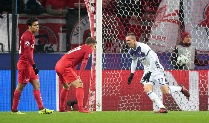 NK Maribor’s Jasmin Mesanovic celebrates scoring their first goal against Spartak Moscow  during their match at Otkrytiye Arena in Moscow