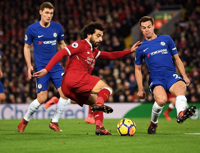  Liverpool's Mohamed Salah tries to get past Chelsea defender Cesar Azpilicueta