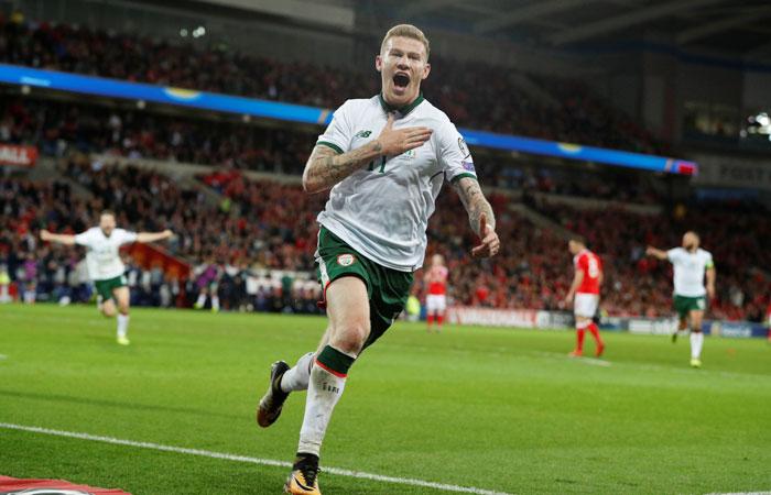 Republic of Ireland’s James McClean celebrates scoring their first goal against Wales