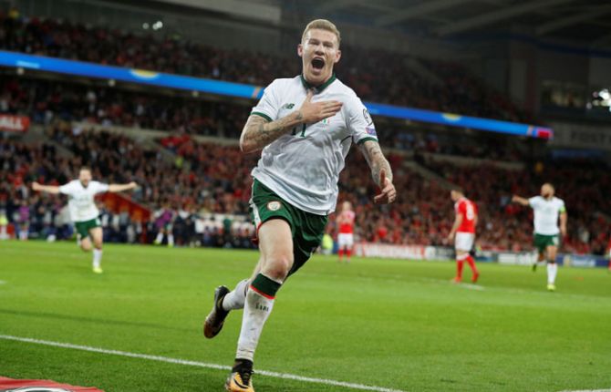 Republic of Ireland’s James McClean celebrates scoring their first goal against Wales
