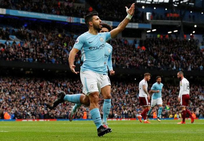 Manchester City's Sergio Aguero celebrates scoring their first goal against Burnley during their English Premier League match at Etihad Stadium in Manchester on Saturday