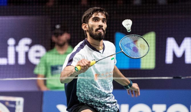 India's Kidambi Srikanth hits a return against Hong Kong's Wong Wing Ki Vincent during their Denmark Super Series tournament in Odense on Saturday
