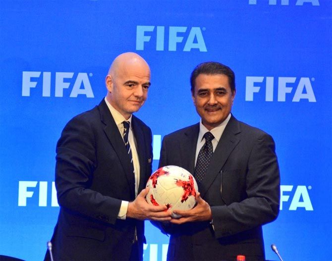 AIFF president Praful Patel, right, with FIFA president Gianni Infantino