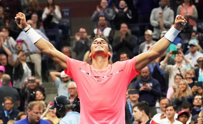 Spain's Rafael Nadal celebrates after beating Argentina's Leonardo Mayer in the third round match on day six of the US Open tennis tournament at the Ashe Stadium at the USTA Billie Jean King National Tennis Center on Saturday