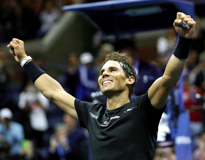 Rafael Nadal celebrates victory over Juan Martin Del Potro