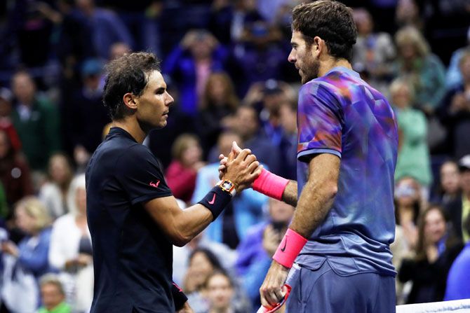 Rafael Nadal is congratulated by Juan Martin del Potro after their match in the US Open semi-final on Friday