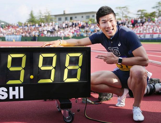 Yoshihide Kiryu who became the first Japanese to break the 10-second barrier, poses after winning the men's 100 meters final with a time of 9.98 seconds at an intercollegiate meet in Fukui, Fukui Prefecture, Japan, on Saturday
